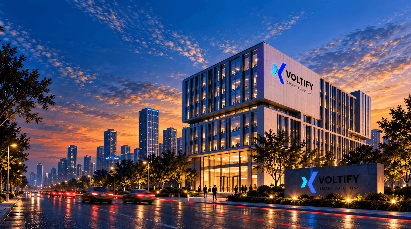 Voltify Smart Solutions headquarters at dusk
