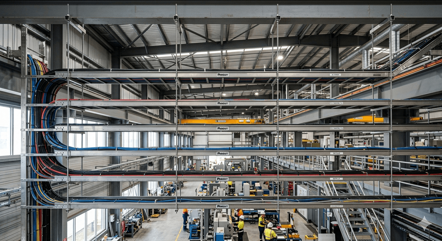 Industrial cable tray and ladder systems running through manufacturing facility